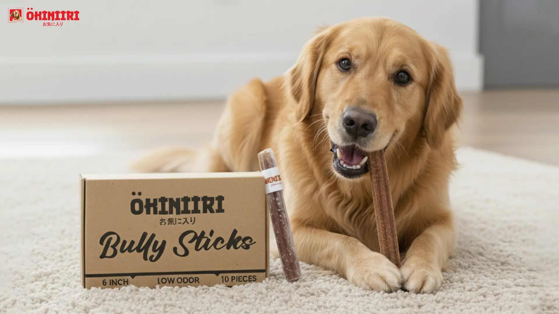 dog happily chewing a natural bully stick at home